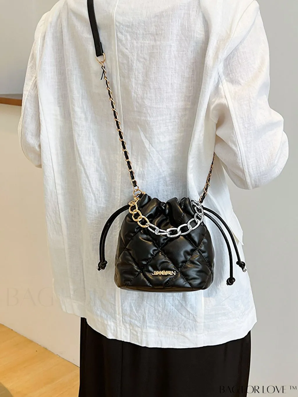 BagForLove - Chic Mini Tote Bag with Fashionable Letter Patches, Stitching & Drawstring Design