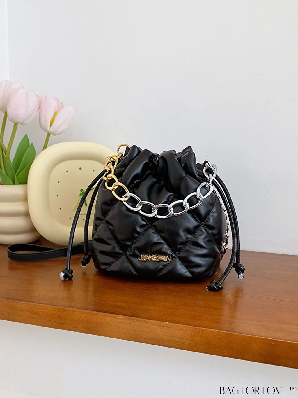 BagForLove - Chic Mini Tote Bag with Fashionable Letter Patches, Stitching & Drawstring Design
