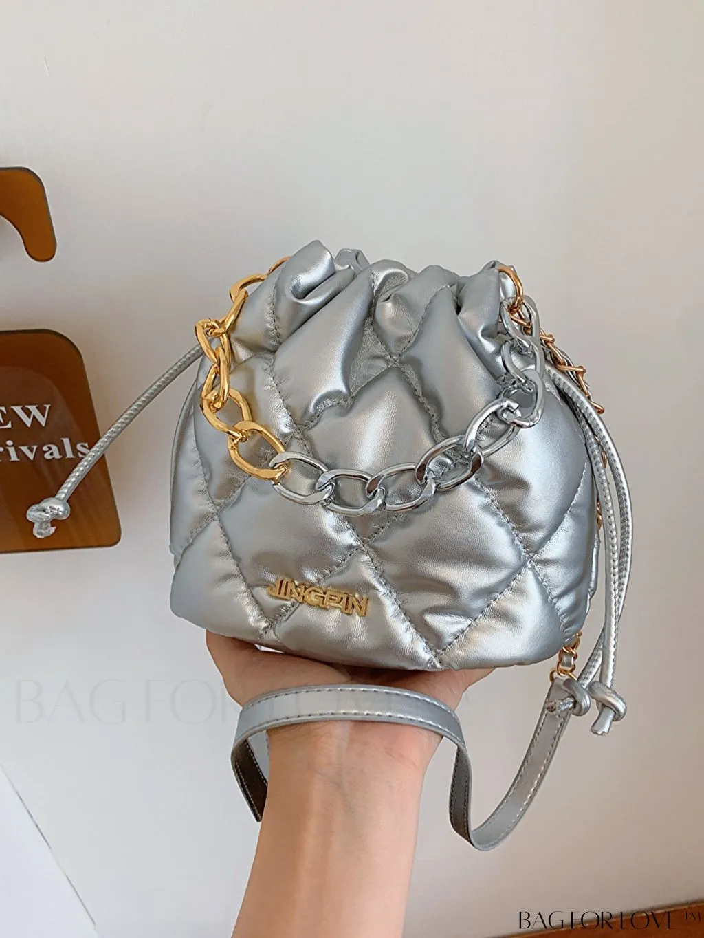 BagForLove - Compact Chain Grid Shoulder & Crossbody Bucket Bag with Drawstring Closure