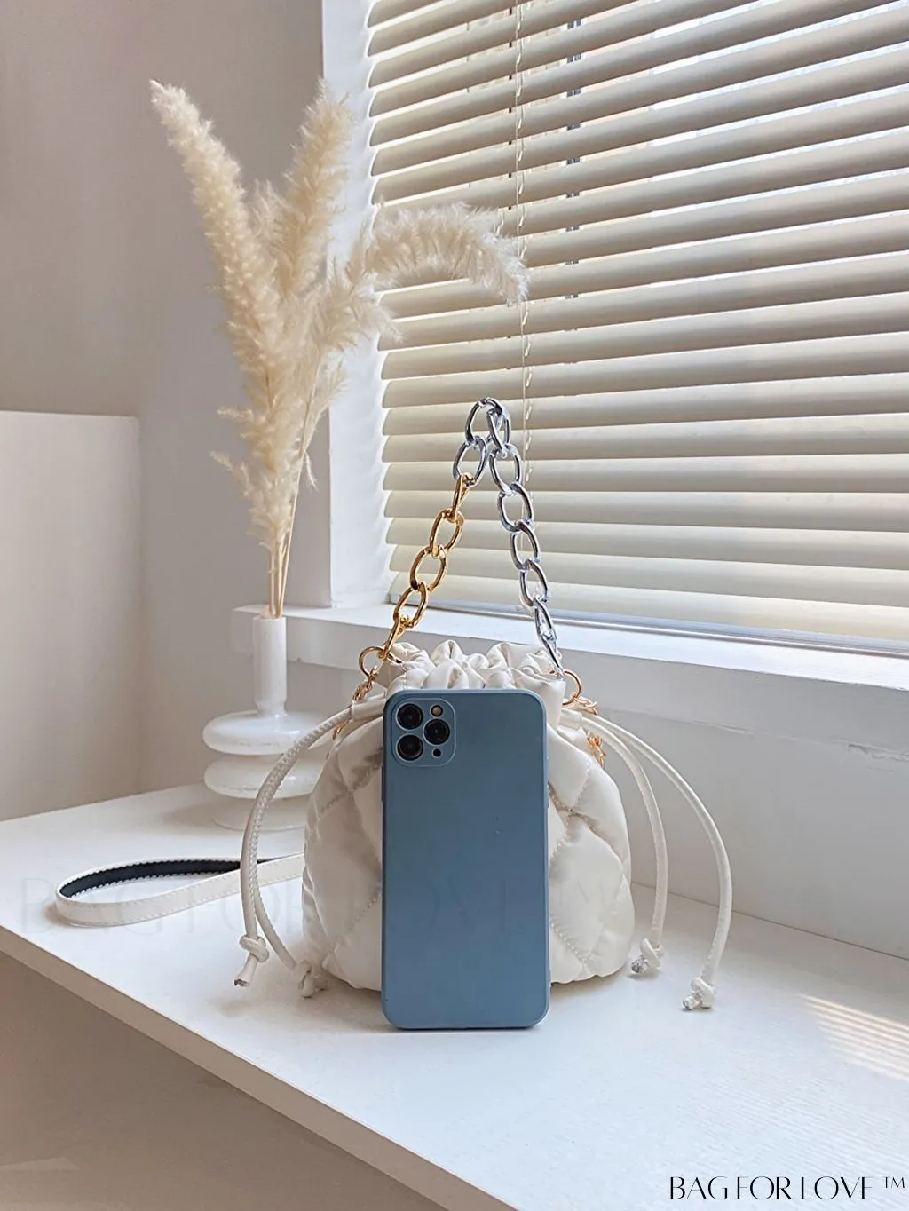 BagForLove - Compact Chain Grid Shoulder & Crossbody Bucket Bag with Drawstring Closure