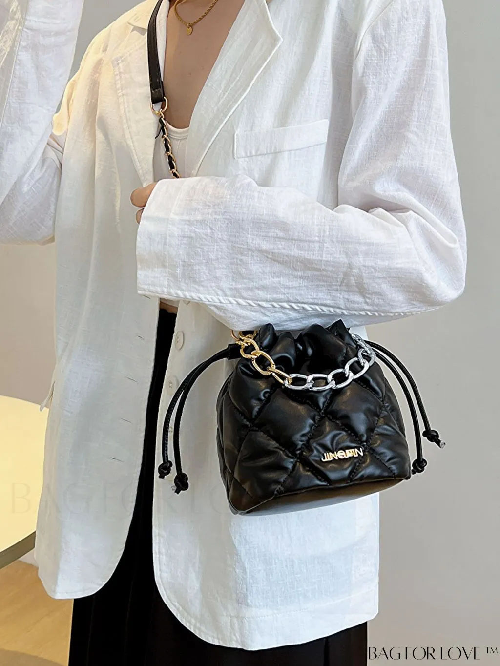 BagForLove - Compact Chain Grid Shoulder & Crossbody Bucket Bag with Drawstring Closure