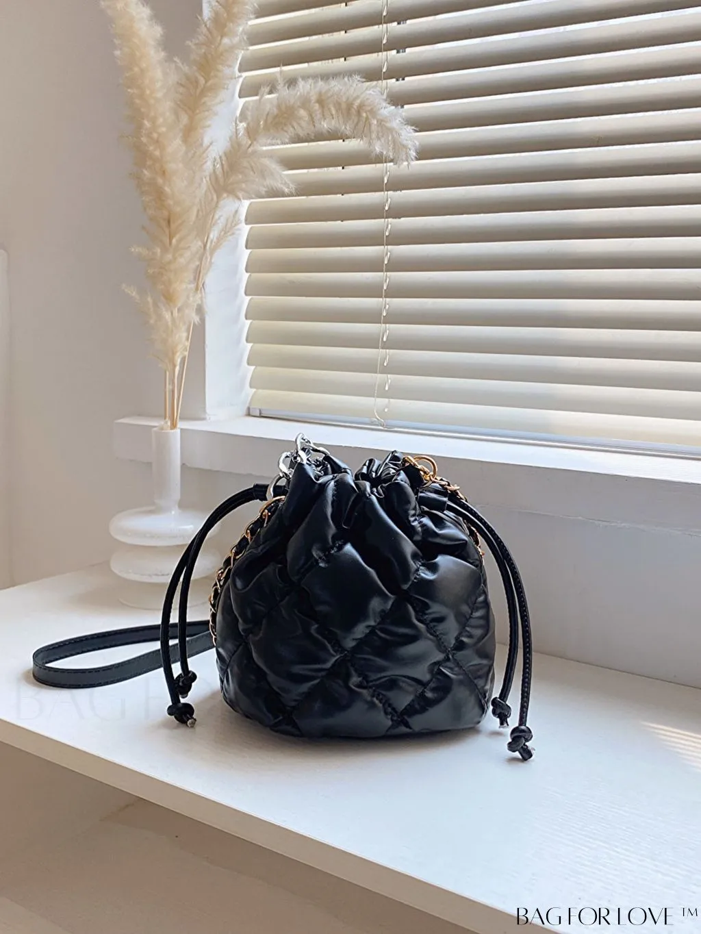 BagForLove - Compact Chain Grid Shoulder & Crossbody Bucket Bag with Drawstring Closure