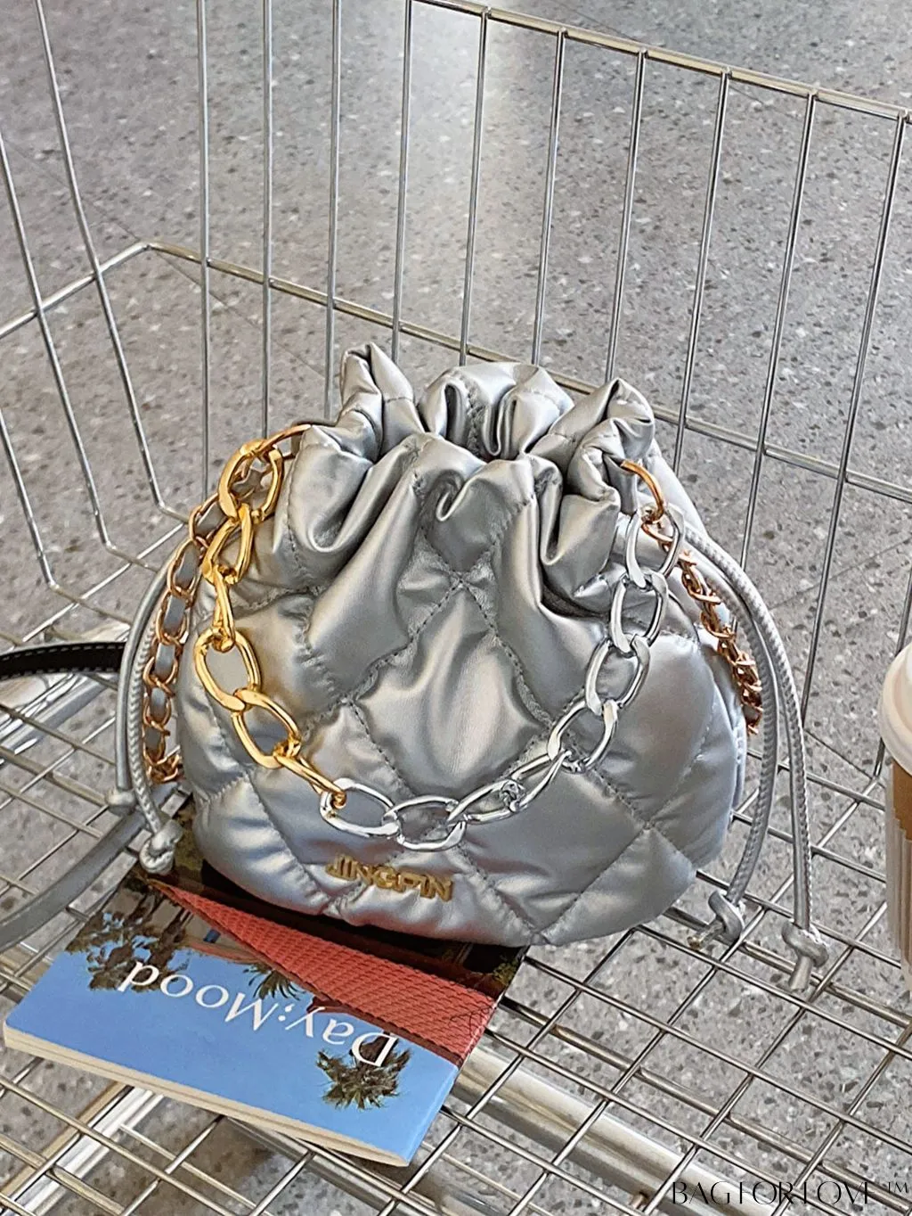 BagForLove - Compact Chain Grid Shoulder & Crossbody Bucket Bag with Drawstring Closure