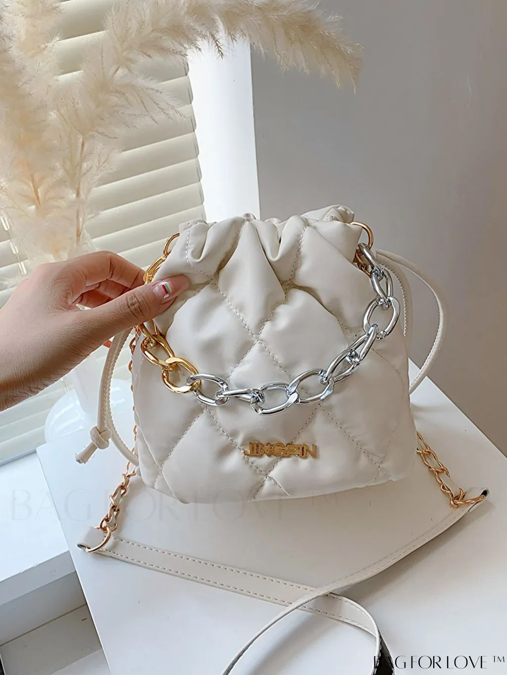 BagForLove - Compact Chain Grid Shoulder & Crossbody Bucket Bag with Drawstring Closure