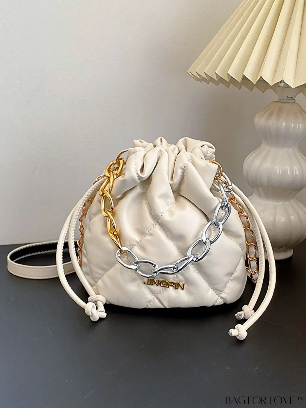 BagForLove - Compact Chain Grid Shoulder & Crossbody Bucket Bag with Drawstring Closure