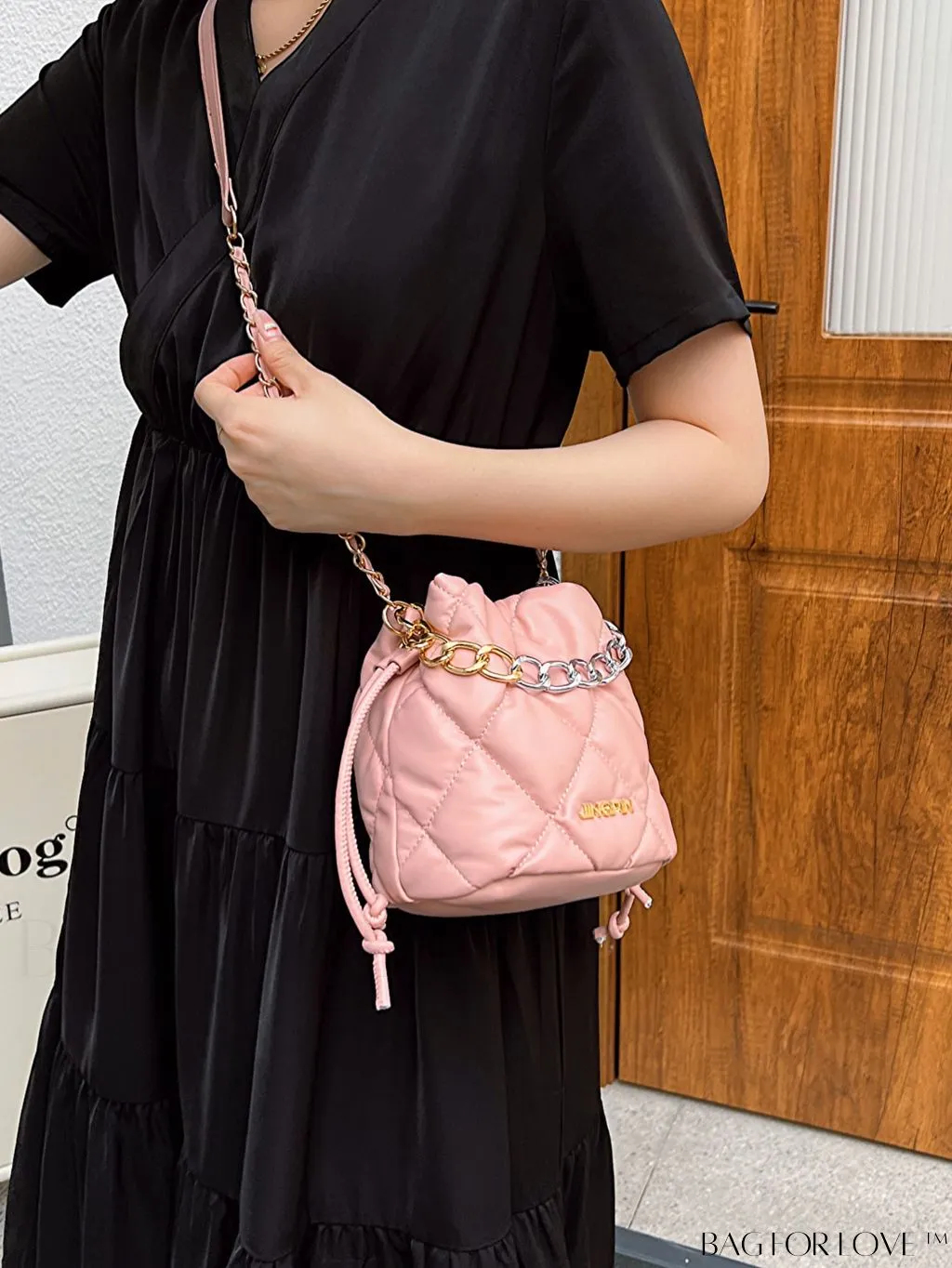 BagForLove - Compact Chain Grid Shoulder & Crossbody Bucket Bag with Drawstring Closure