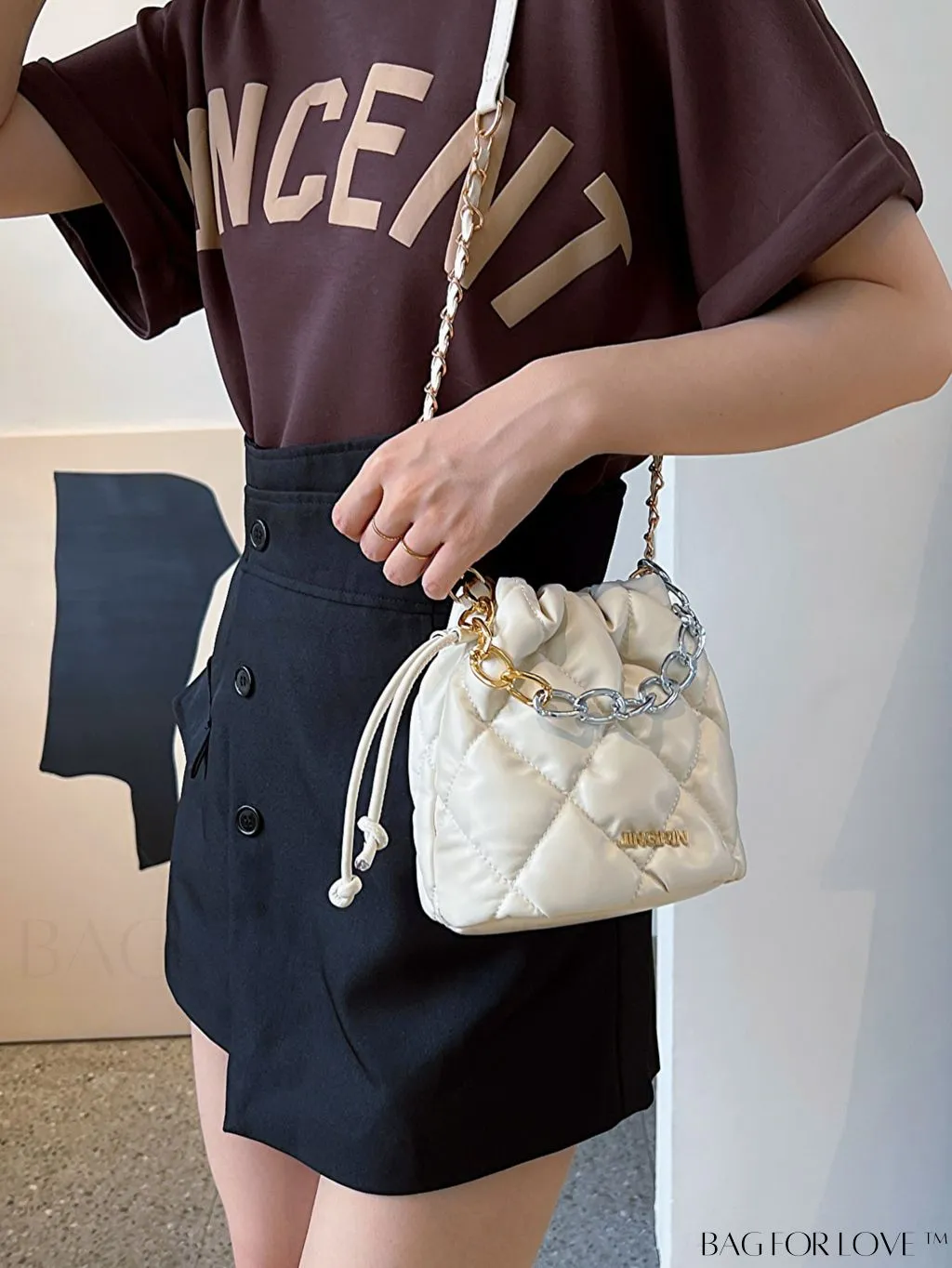 BagForLove - Compact Chain Grid Shoulder & Crossbody Bucket Bag with Drawstring Closure