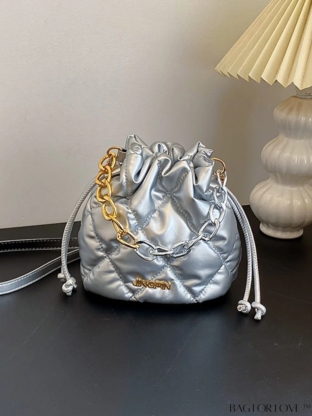 BagForLove - Compact Chain Grid Shoulder & Crossbody Bucket Bag with Drawstring Closure