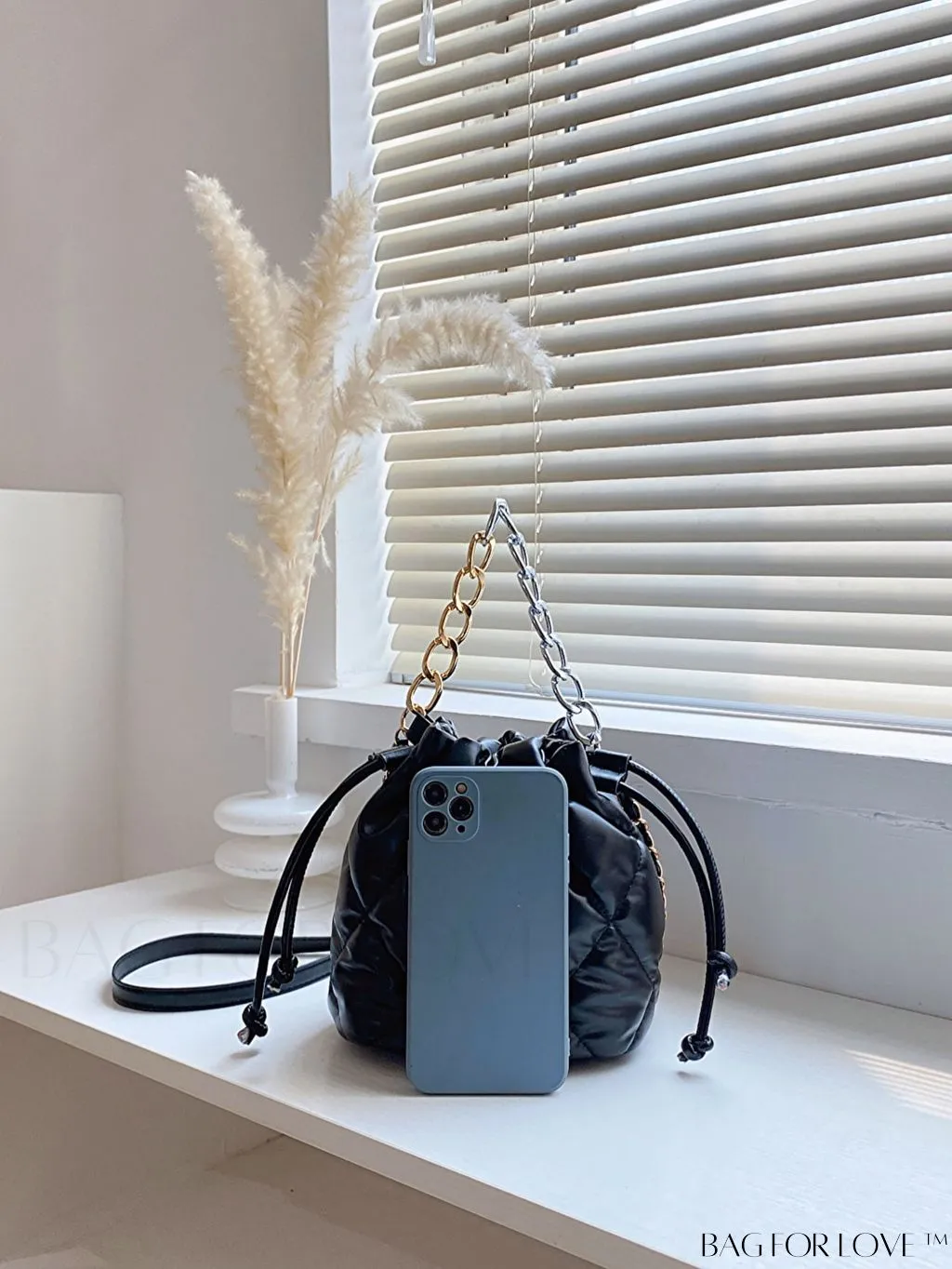 BagForLove - Compact Chain Grid Shoulder & Crossbody Bucket Bag with Drawstring Closure