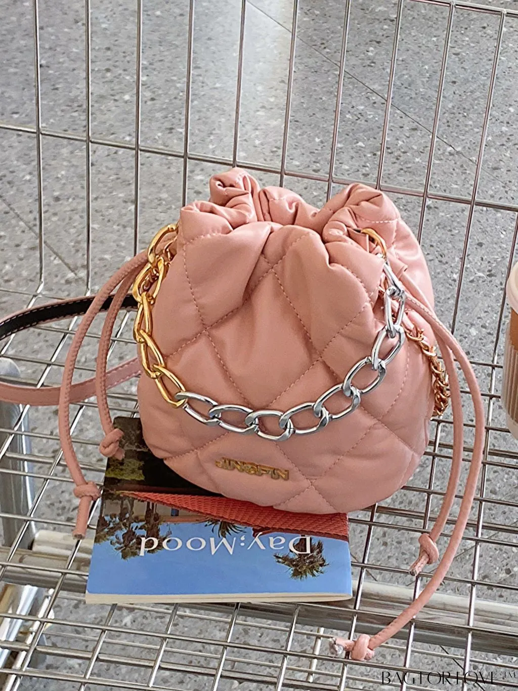 BagForLove - Compact Chain Grid Shoulder & Crossbody Bucket Bag with Drawstring Closure