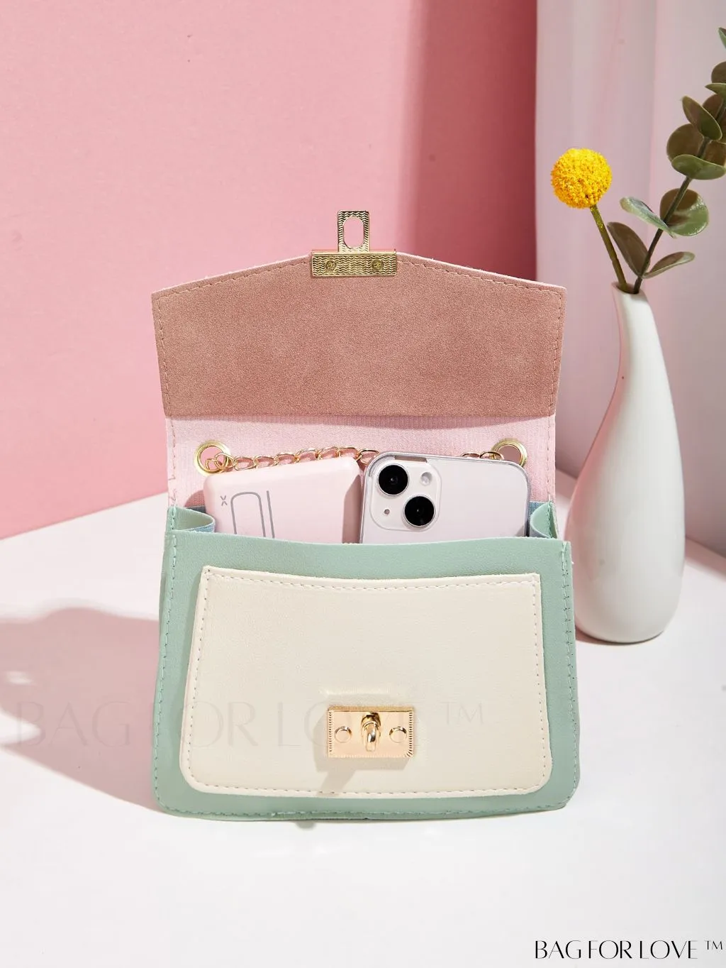 BagForLove - Compact Color Block Flap Chain Satchel: Mini Twist Lock Bag