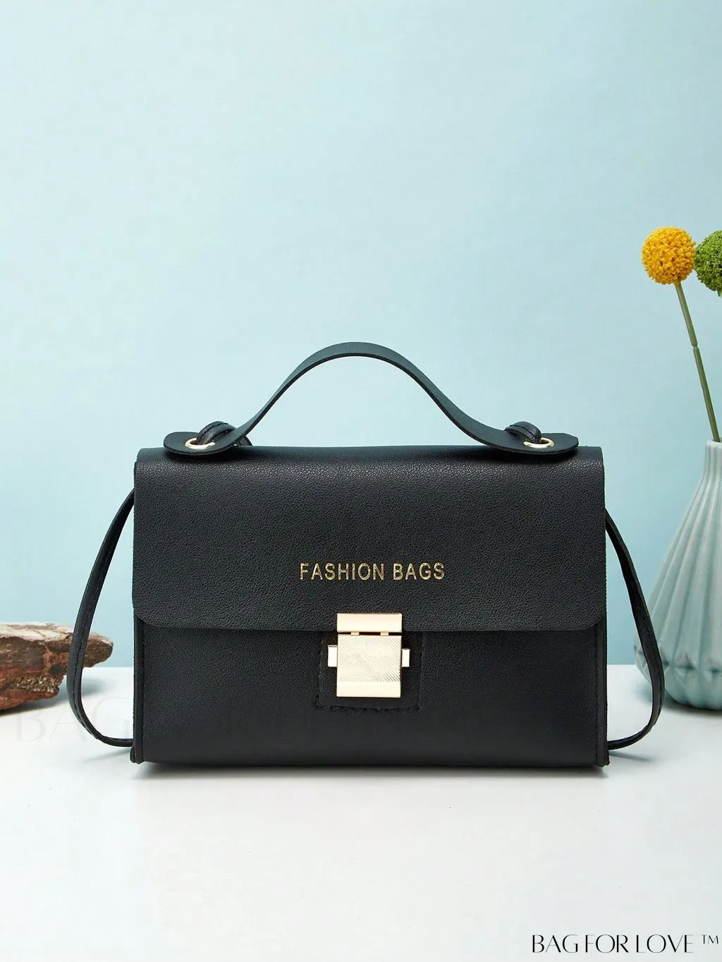BagForLove - Compact Flap Square Bag with Letter Graphic and Top Handle