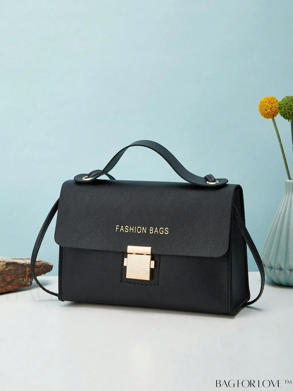 BagForLove - Compact Flap Square Bag with Letter Graphic and Top Handle