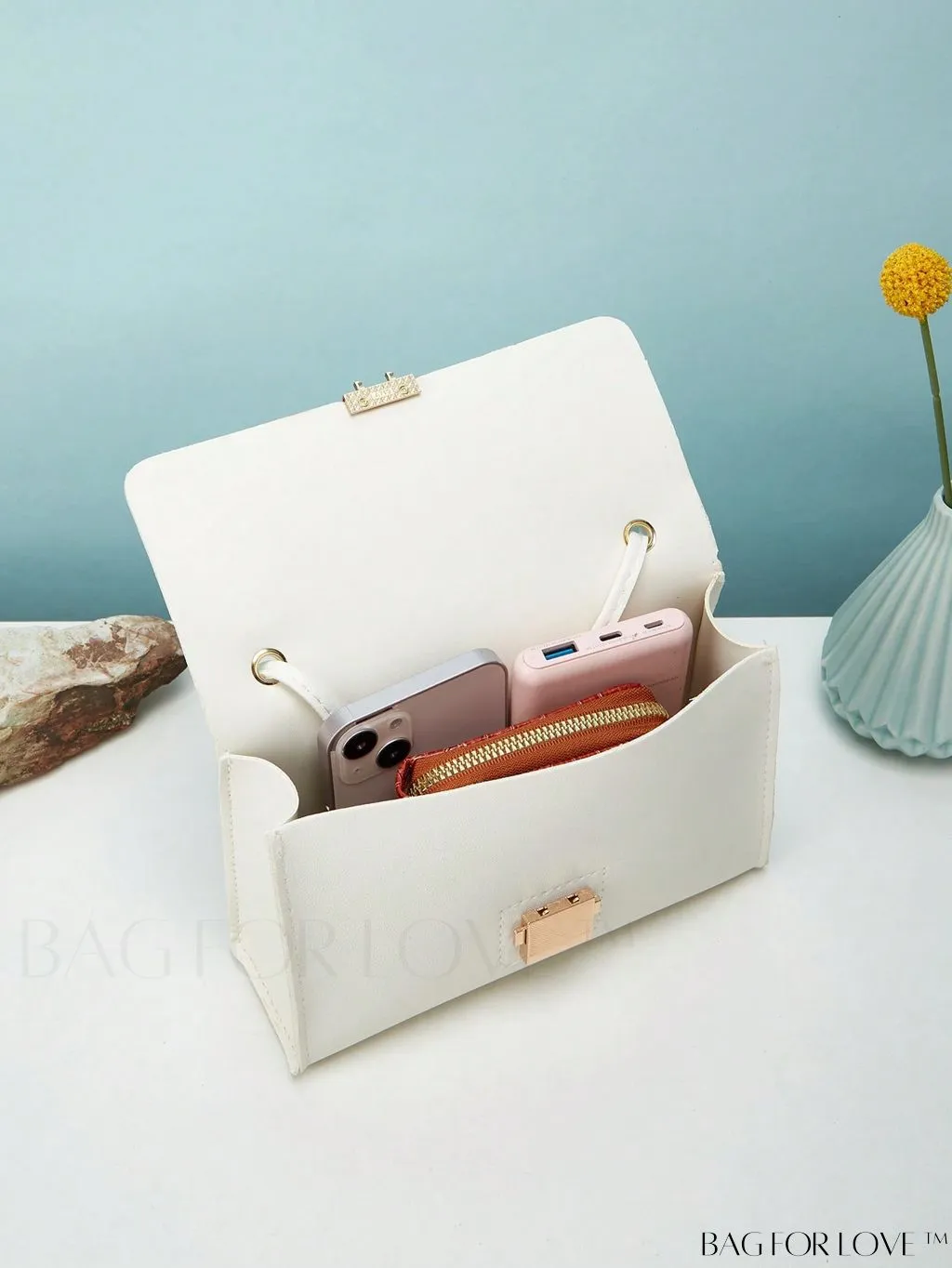 BagForLove - Compact Flap Square Bag with Letter Graphic and Top Handle