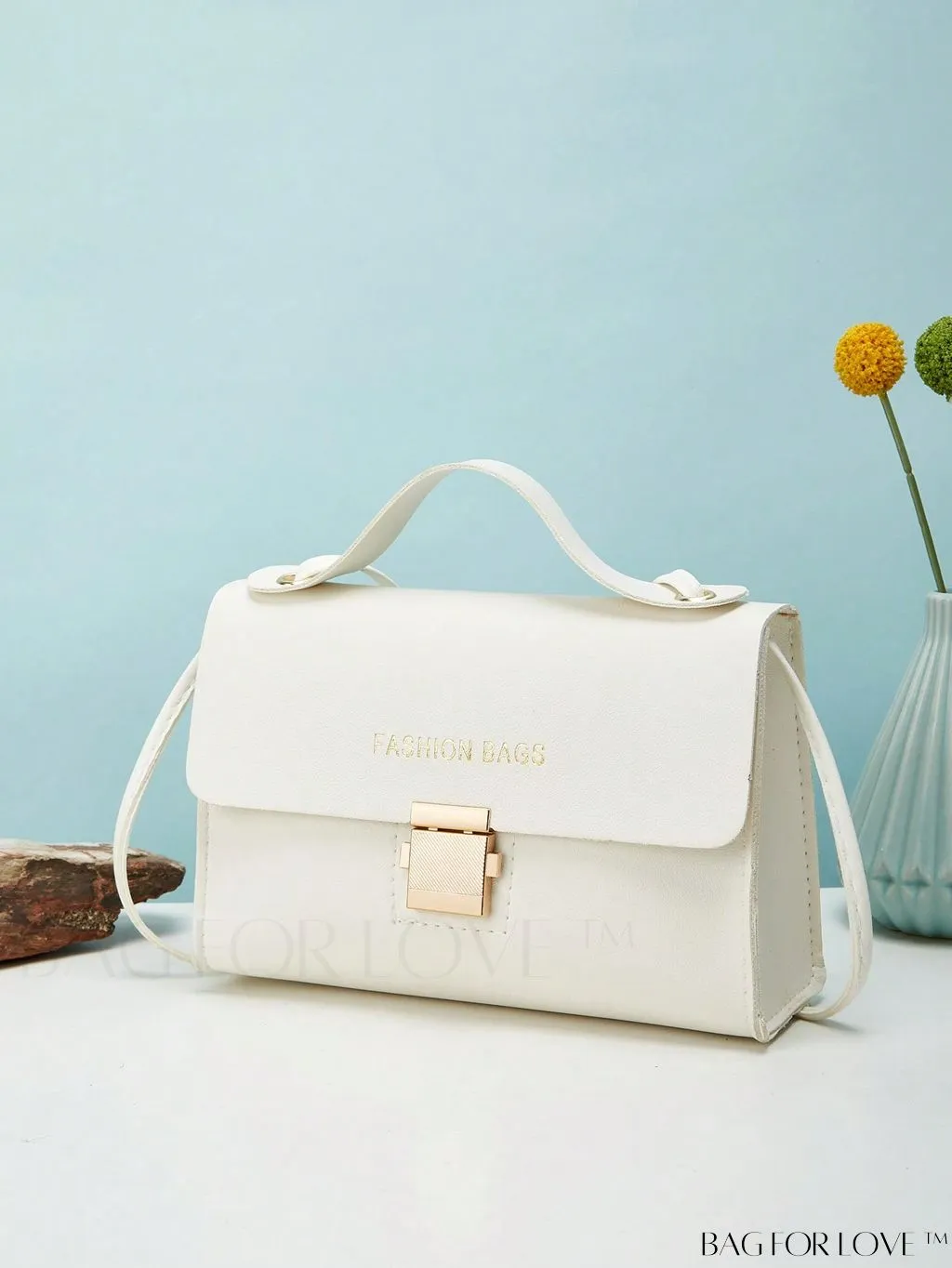 BagForLove - Compact Flap Square Bag with Letter Graphic and Top Handle