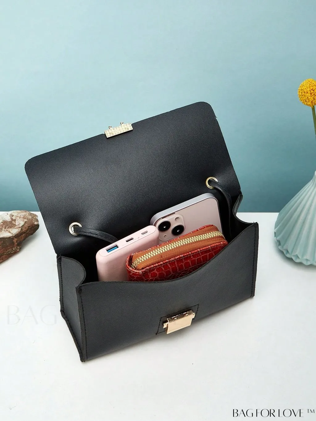 BagForLove - Compact Flap Square Bag with Letter Graphic and Top Handle