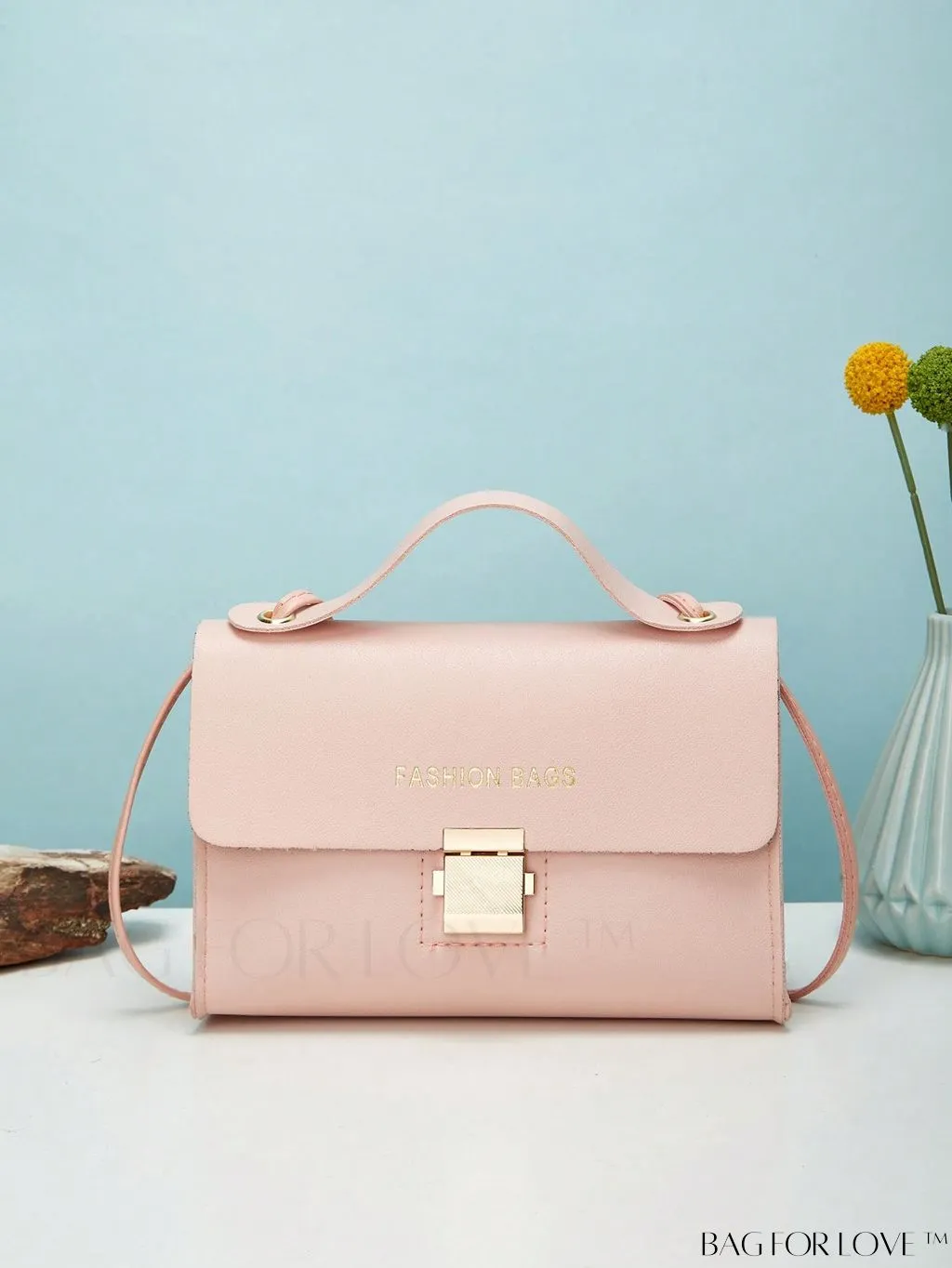 BagForLove - Compact Flap Square Bag with Letter Graphic and Top Handle