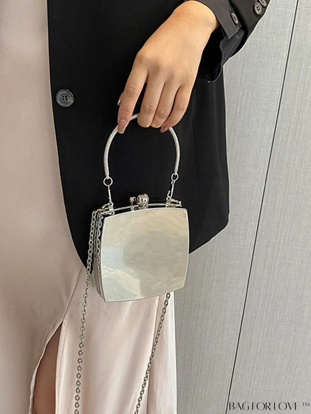 BagForLove - Compact Metallic Gloss Handbag with Avant-Garde Style and Metal Chain Strap