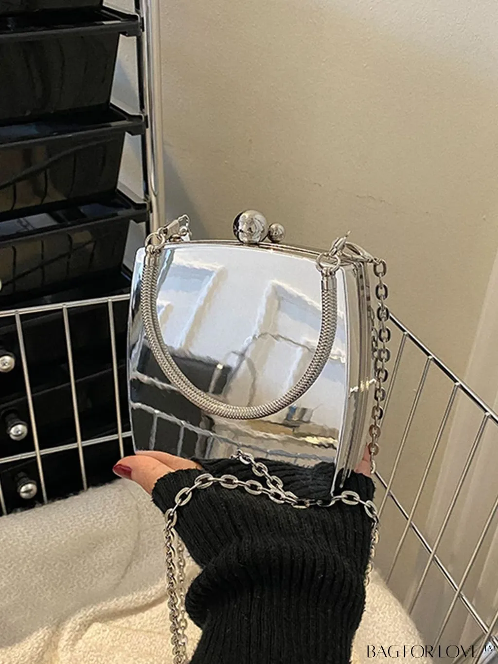 BagForLove - Compact Metallic Gloss Handbag with Avant-Garde Style and Metal Chain Strap