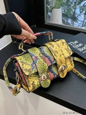 BagForLove - Compact Snakeskin Embossed Flap Bag with Top Handle - Stylish and Trendy