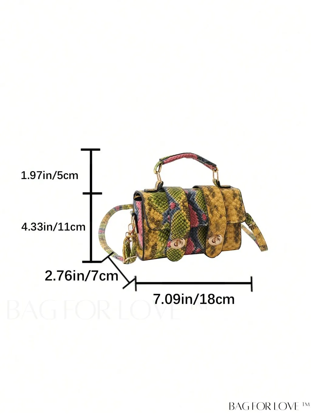 BagForLove - Compact Snakeskin Embossed Flap Bag with Top Handle - Stylish and Trendy