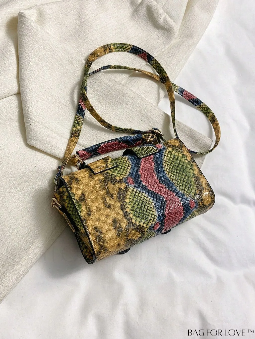 BagForLove - Compact Snakeskin Embossed Flap Bag with Top Handle - Stylish and Trendy