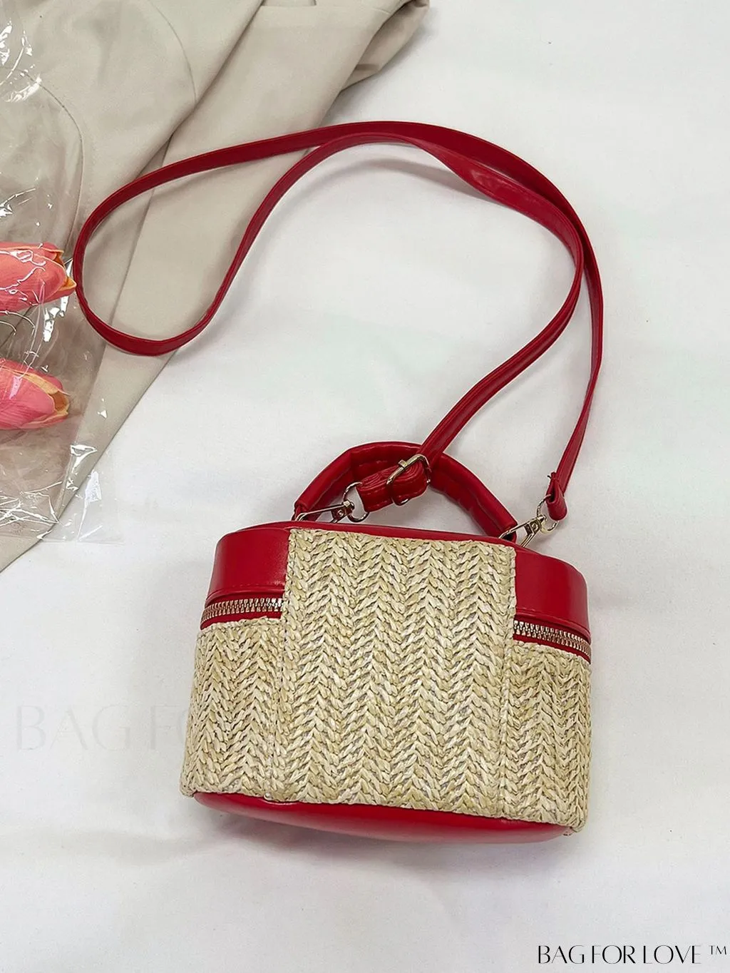 BagForLove - Compact Vacation-Inspired Straw Handbag: Adjustable Contrast Color Shoulder Strap