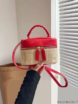 BagForLove - Compact Vacation-Inspired Straw Handbag: Adjustable Contrast Color Shoulder Strap