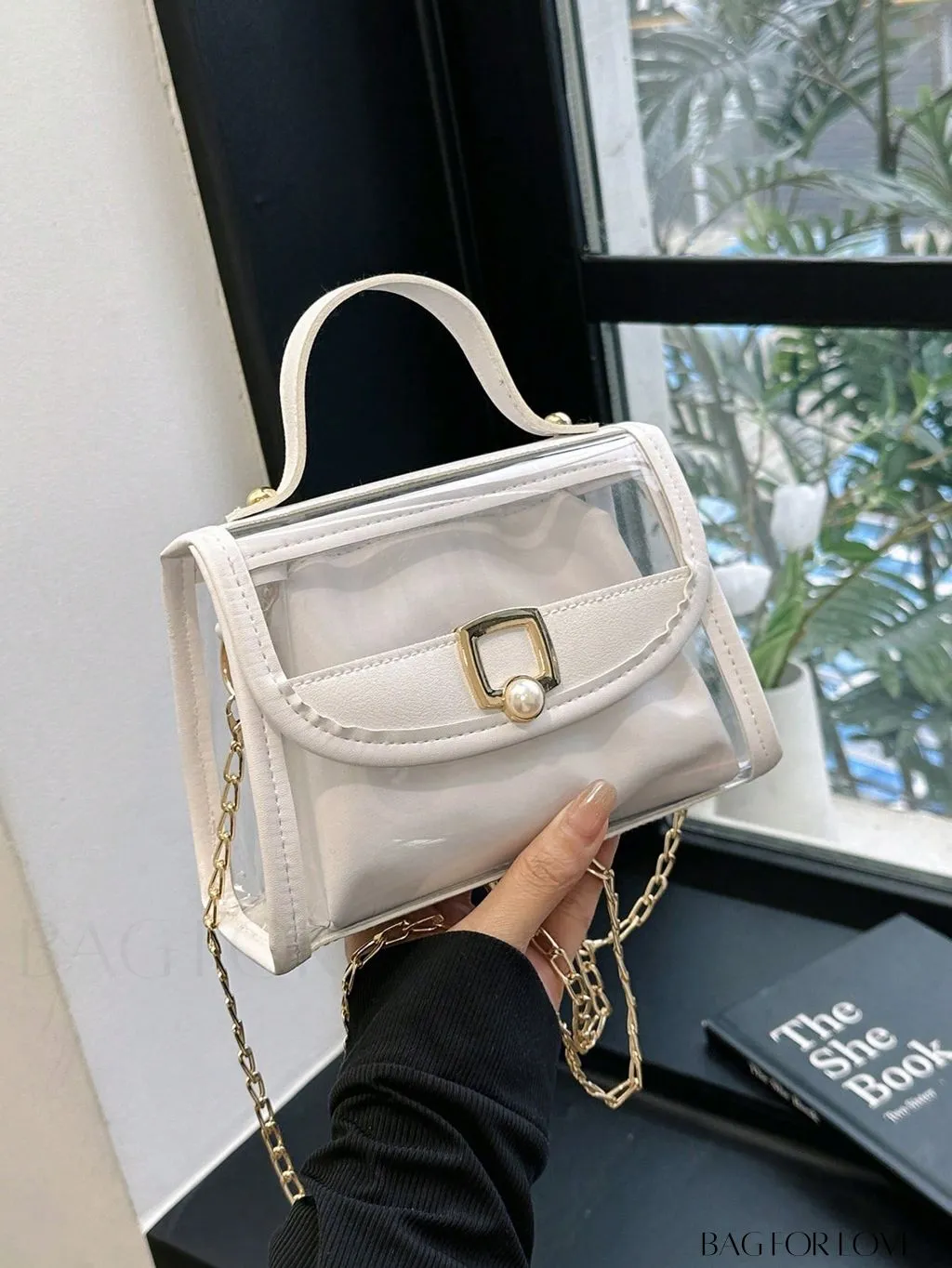 BagForLove - Faux Pearl Chain Mini Flap Square Bag with Inner Pouch - Fashionable & Transparent