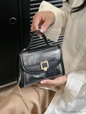 BagForLove - Faux Pearl Chain Mini Flap Square Bag with Inner Pouch - Fashionable & Transparent