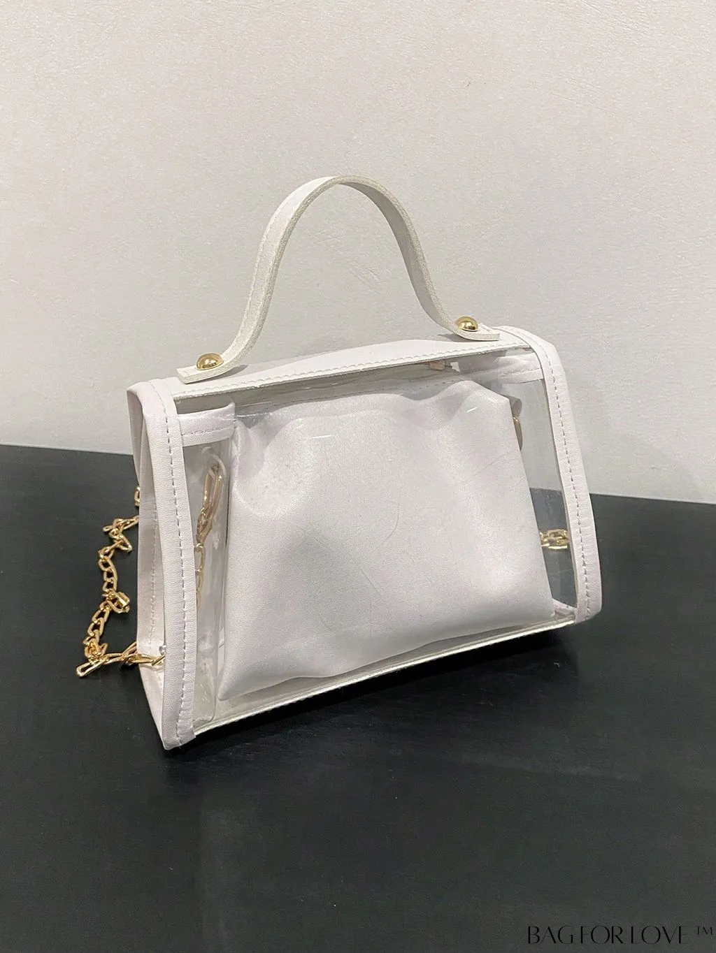BagForLove - Faux Pearl Chain Mini Flap Square Bag with Inner Pouch - Fashionable & Transparent