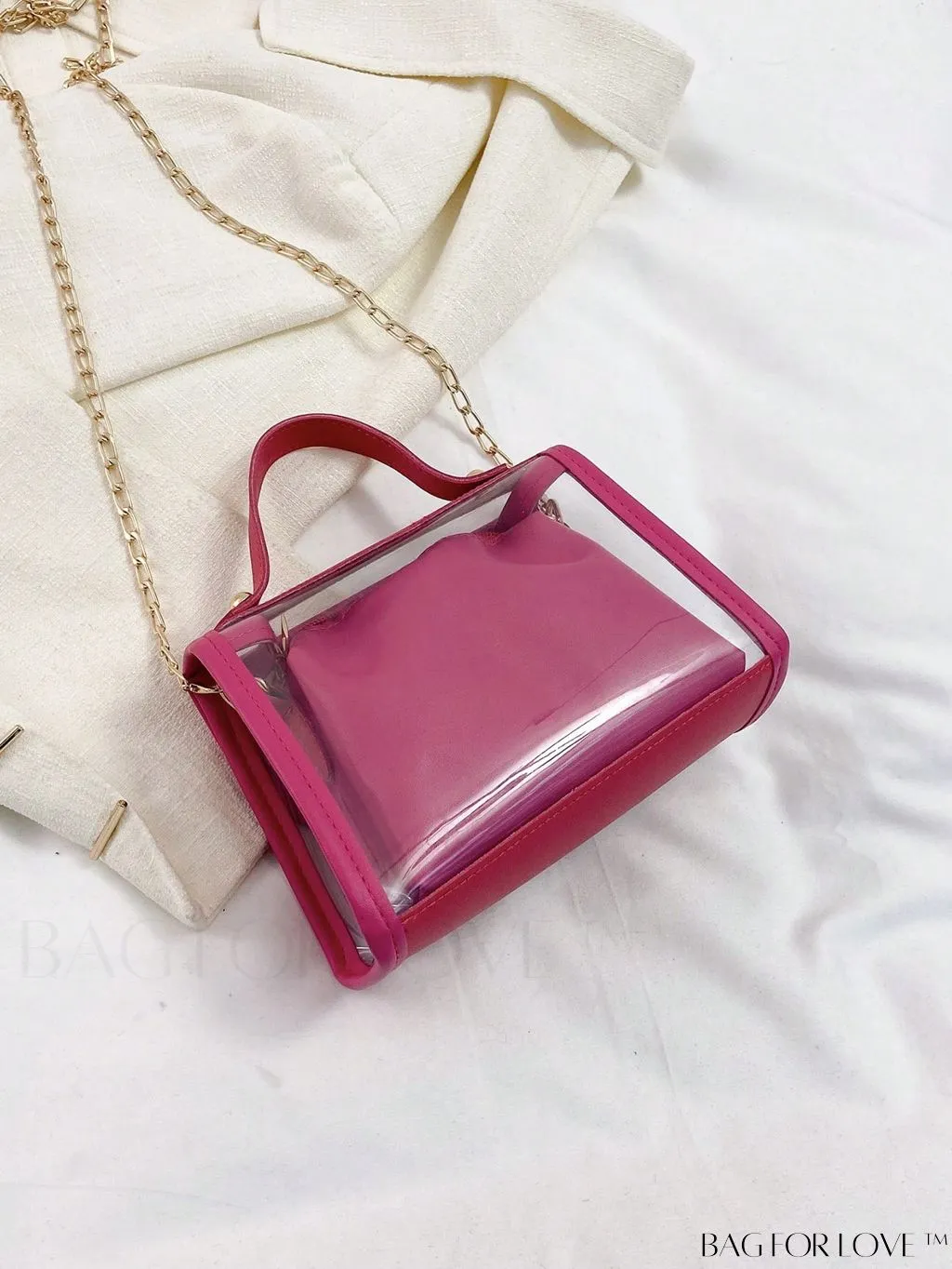 BagForLove - Faux Pearl Chain Mini Flap Square Bag with Inner Pouch - Fashionable & Transparent