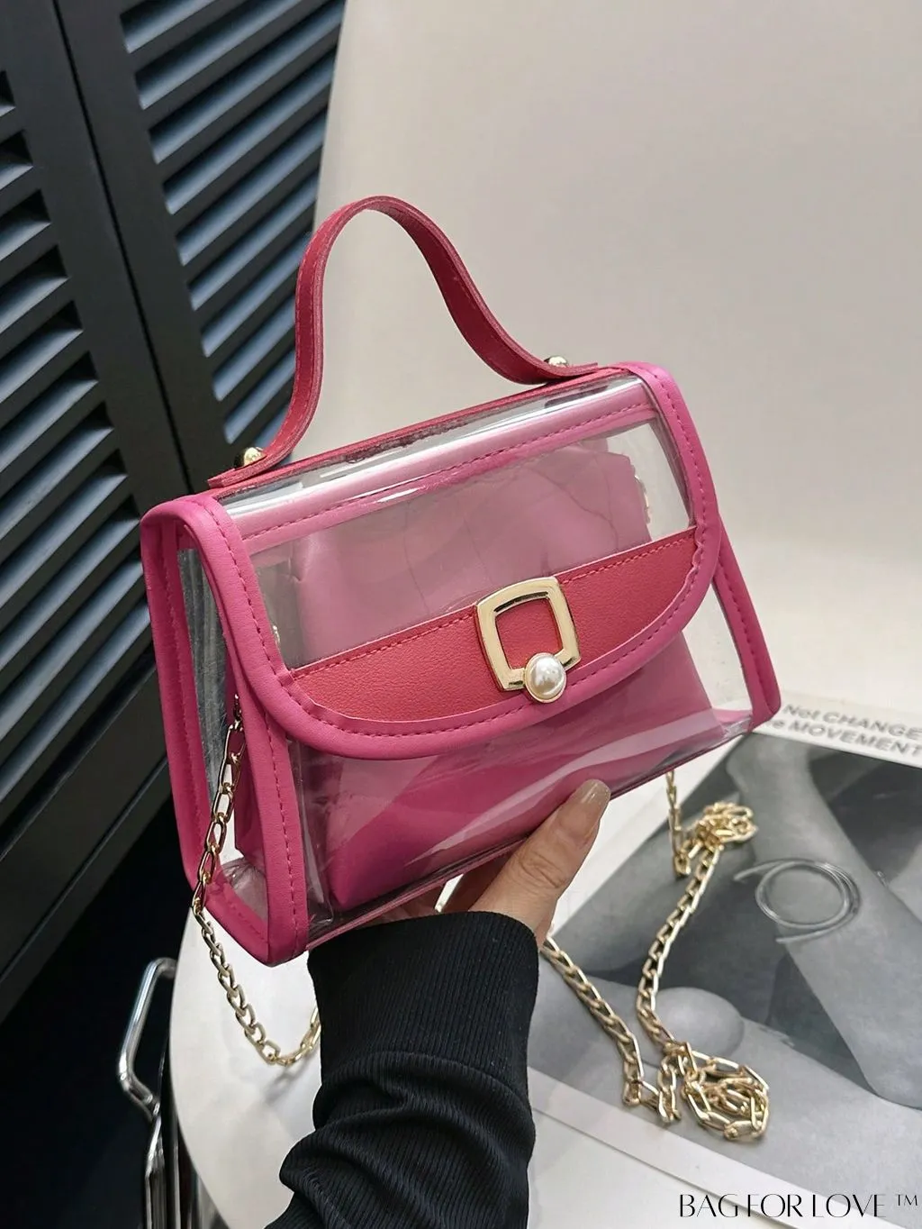 BagForLove - Faux Pearl Chain Mini Flap Square Bag with Inner Pouch - Fashionable & Transparent