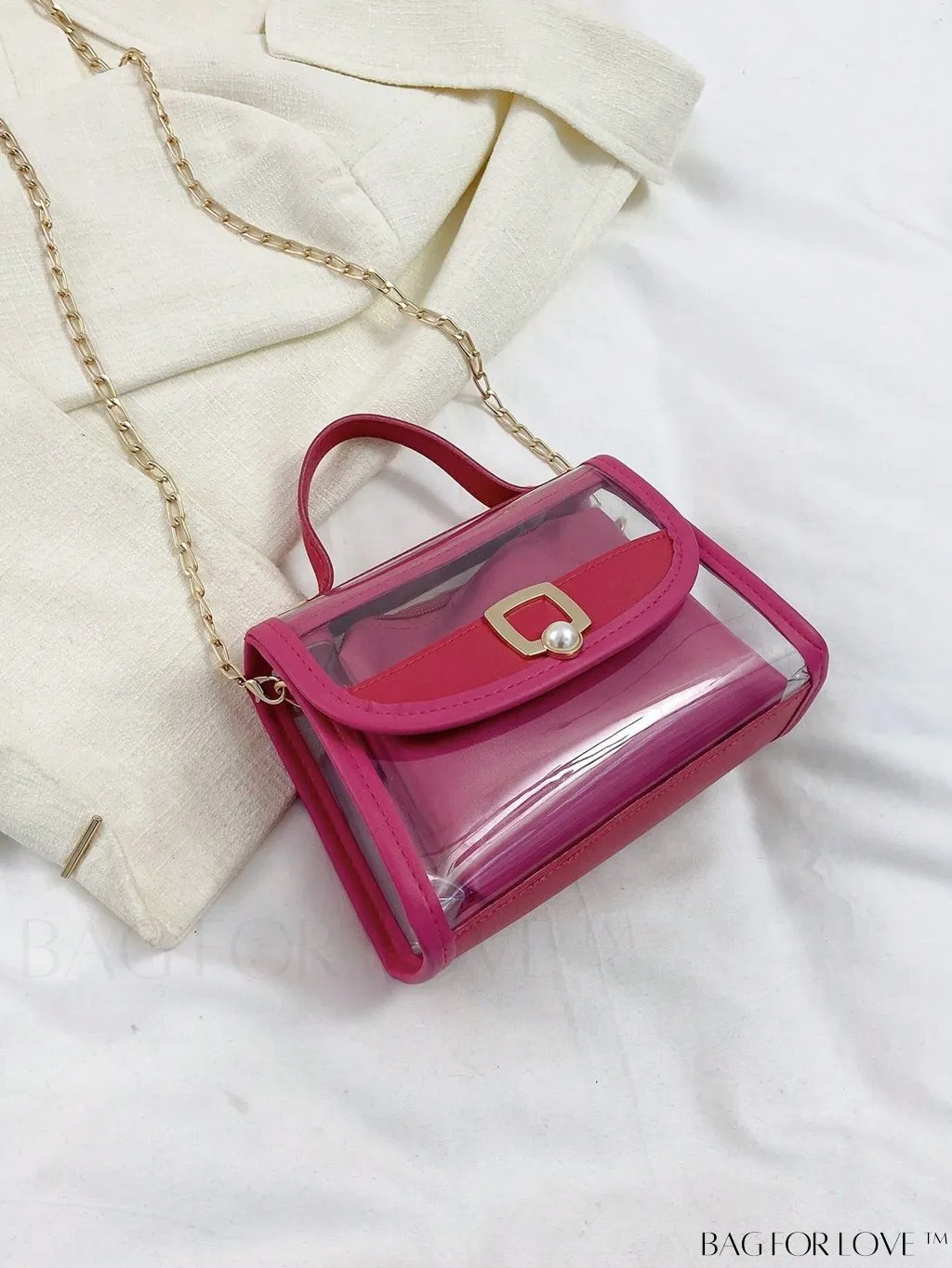 BagForLove - Faux Pearl Chain Mini Flap Square Bag with Inner Pouch - Fashionable & Transparent