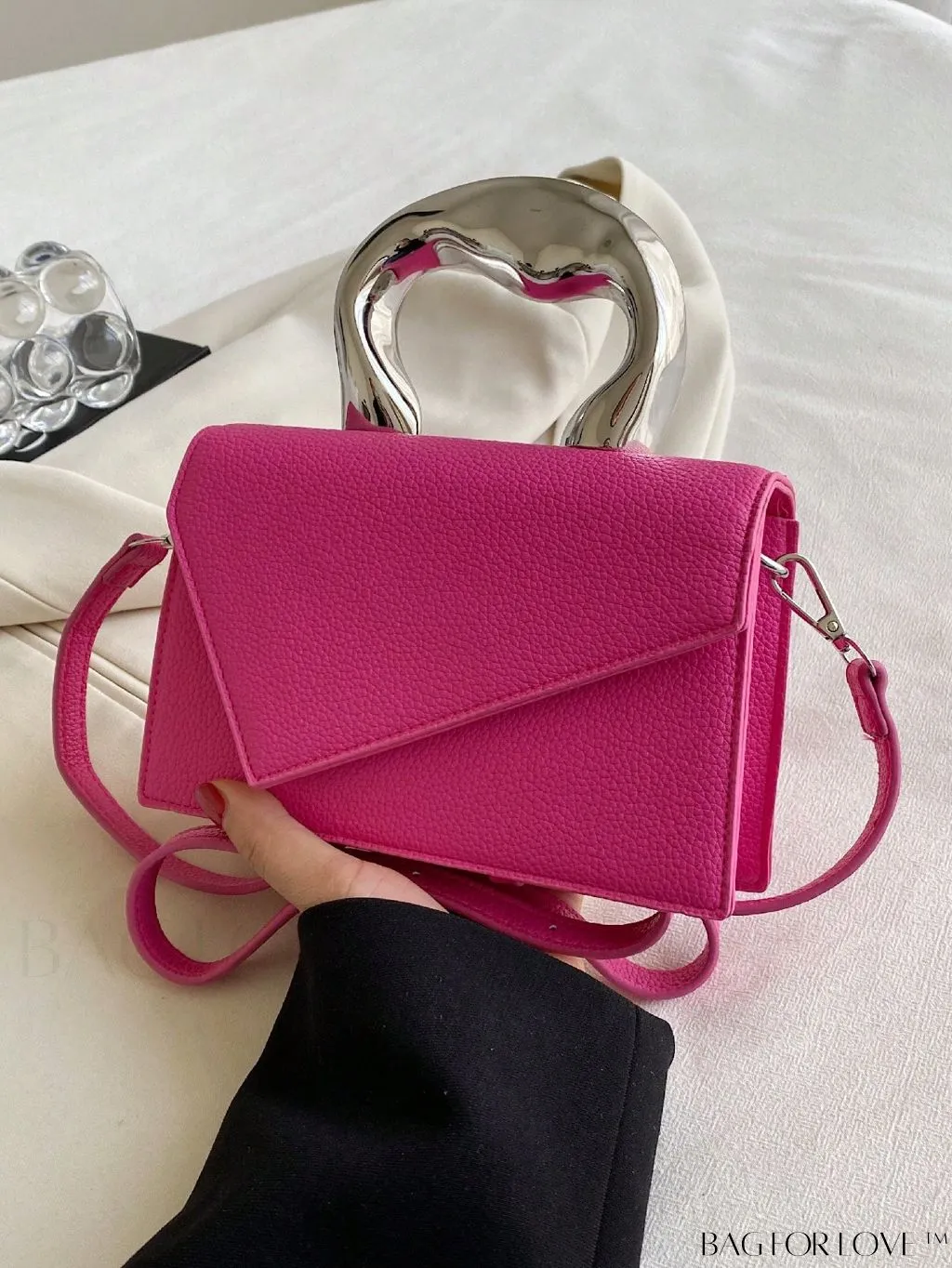 BagForLove - Litchi Embossed Mini Square Flap Bag with Top Handle - PU Leather