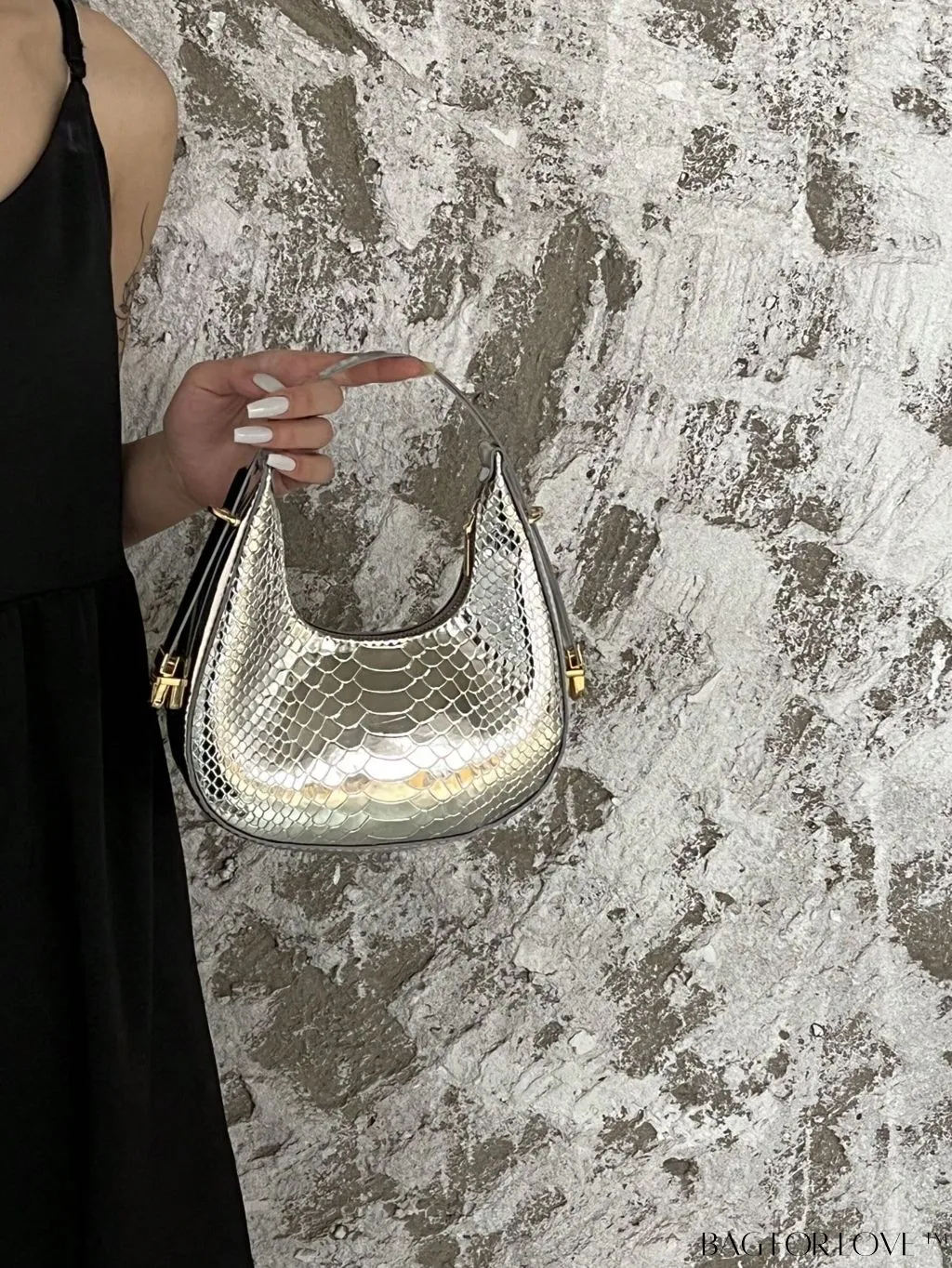 BagForLove - Metallic Snakeskin Embossed Mini Hobo Bag - Chic and Edgy