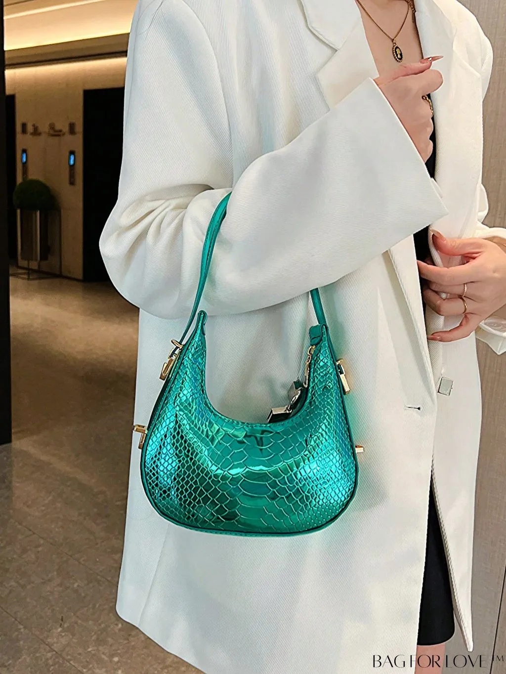 BagForLove - Metallic Snakeskin Embossed Mini Hobo Bag - Chic and Edgy