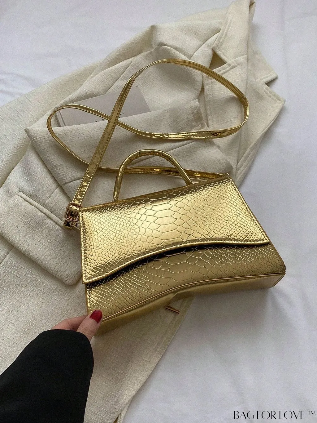 BagForLove - Metallic Snakeskin Embossed Square Bag with Flap, Bold and Stylish