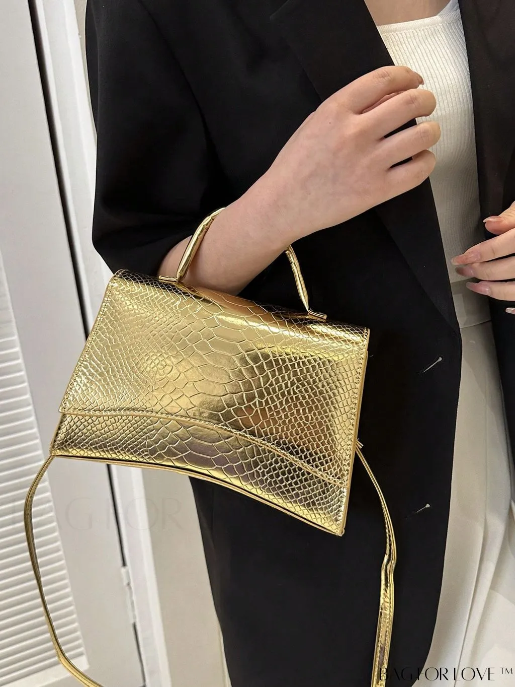 BagForLove - Metallic Snakeskin Embossed Square Bag with Flap, Bold and Stylish