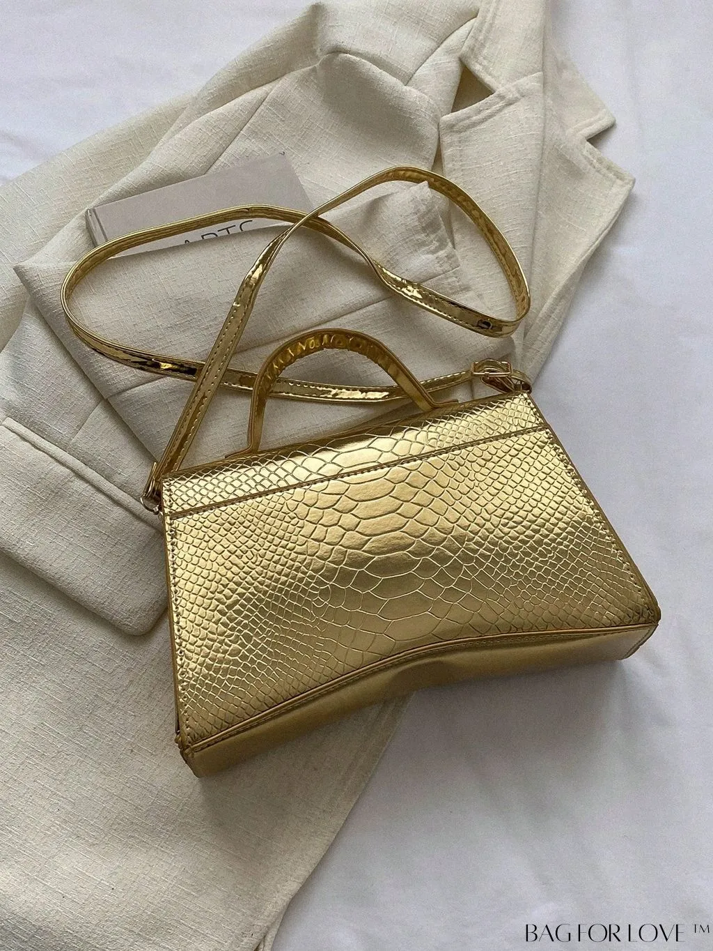 BagForLove - Metallic Snakeskin Embossed Square Bag with Flap, Bold and Stylish