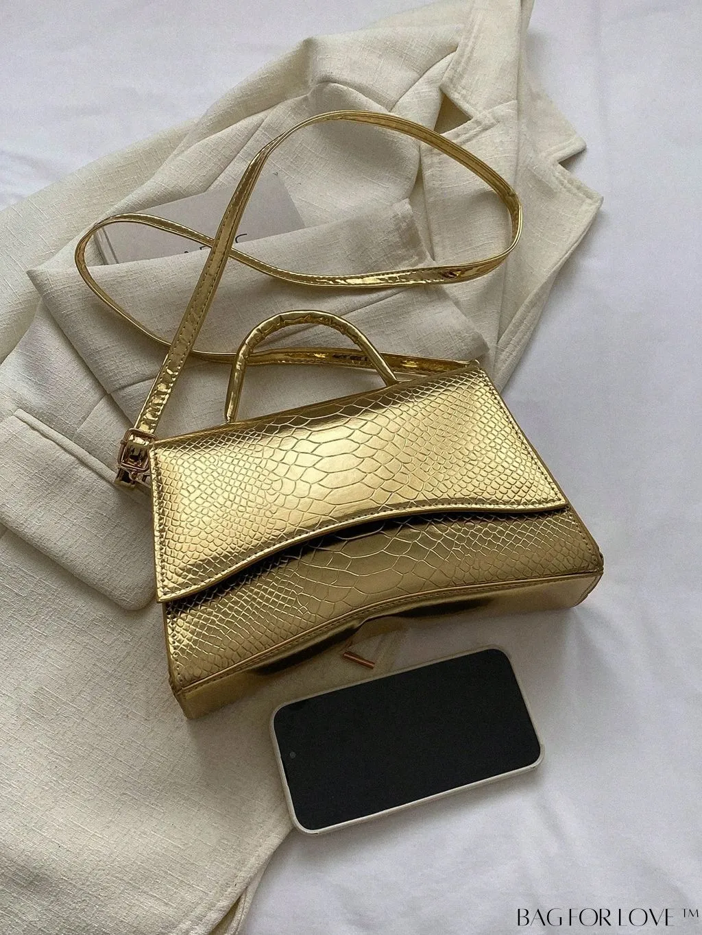BagForLove - Metallic Snakeskin Embossed Square Bag with Flap, Bold and Stylish