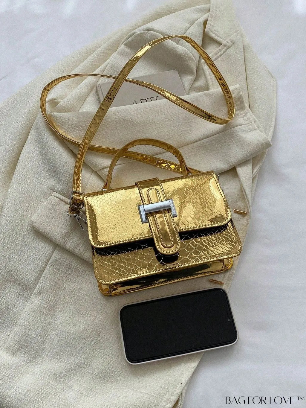 BagForLove - Metallic Square Bag with Crocodile Pattern and Single Top Handle â Sleek and Stylish