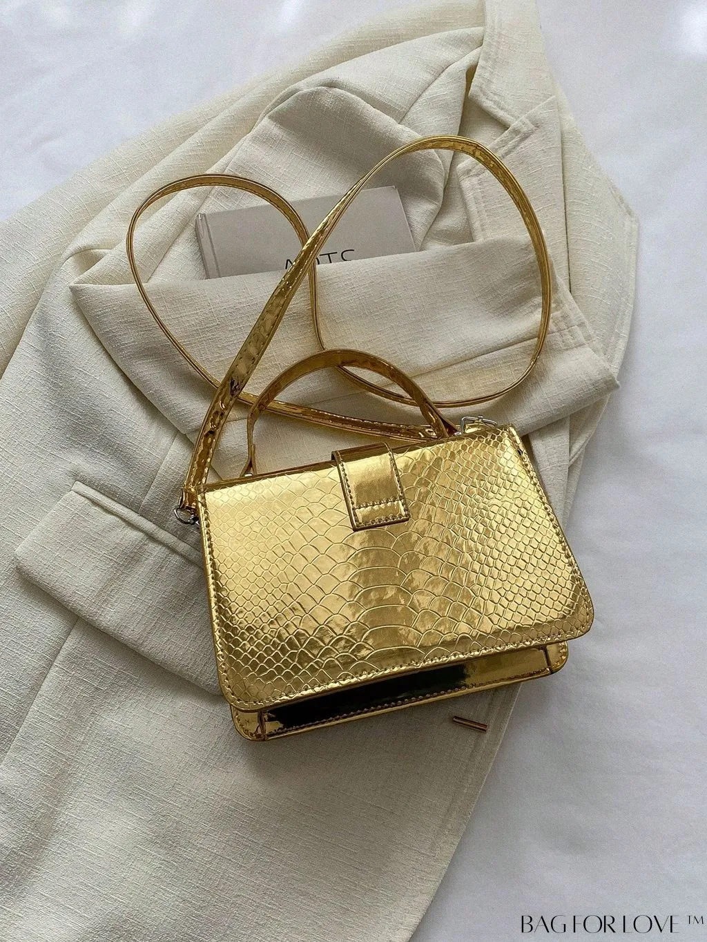 BagForLove - Metallic Square Bag with Crocodile Pattern and Single Top Handle â Sleek and Stylish