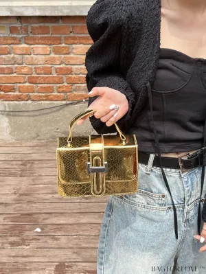 BagForLove - Metallic Square Bag with Crocodile Pattern and Single Top Handle â Sleek and Stylish