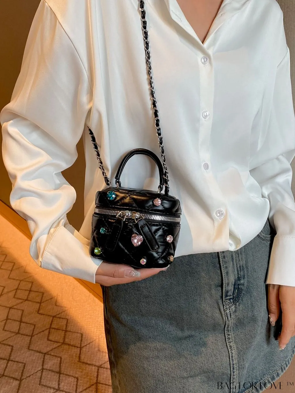 BagForLove - Mini Rhinestone Metallic Handbag with Avant-garde Style Stitching - Elegant and Chic