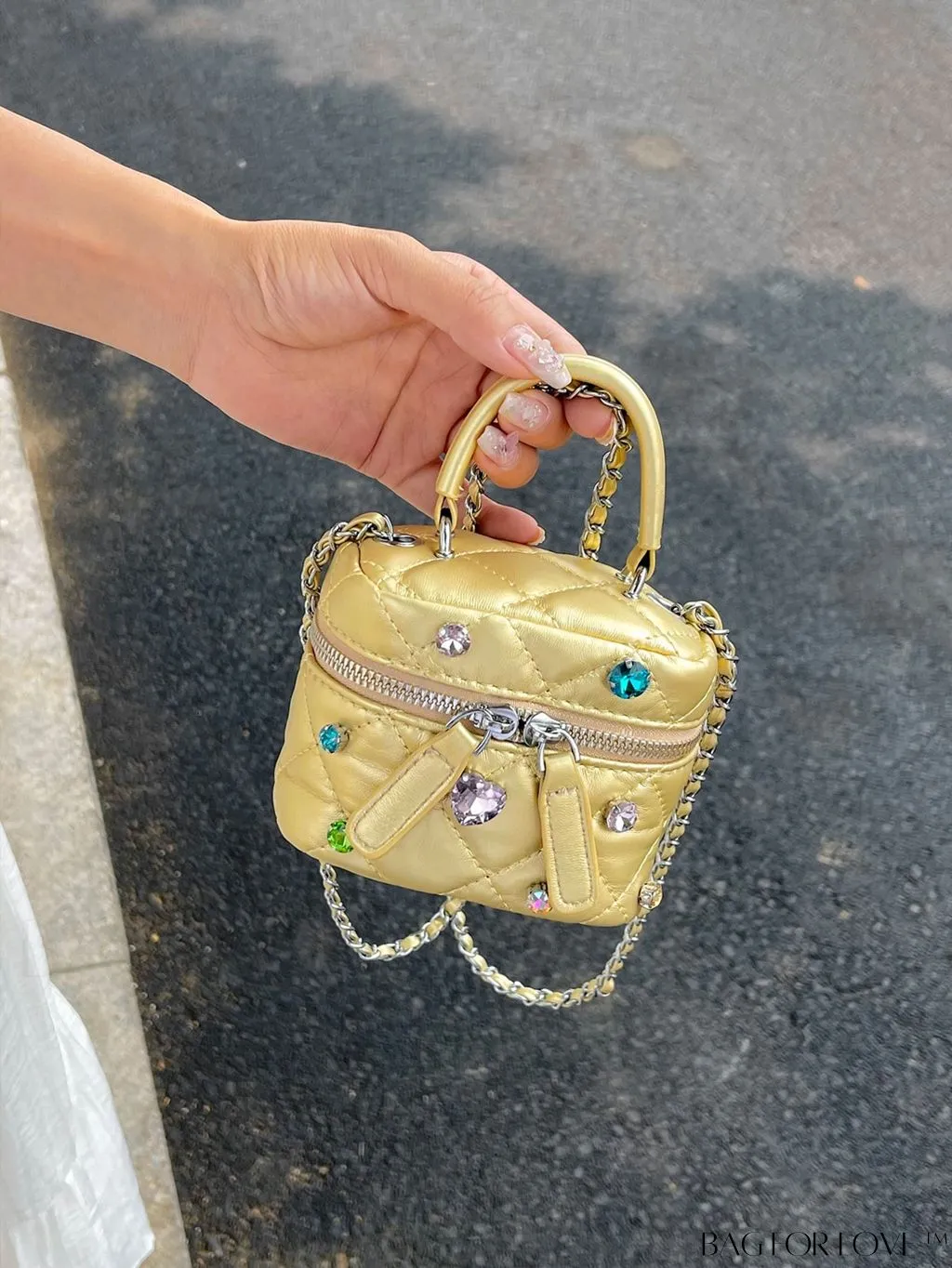 BagForLove - Mini Rhinestone Metallic Handbag with Avant-garde Style Stitching - Elegant and Chic