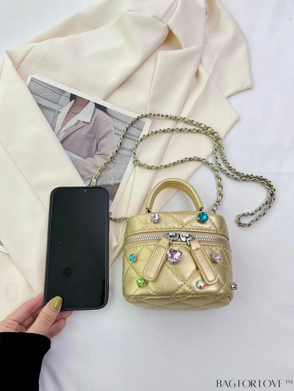 BagForLove - Mini Rhinestone Metallic Handbag with Avant-garde Style Stitching - Elegant and Chic