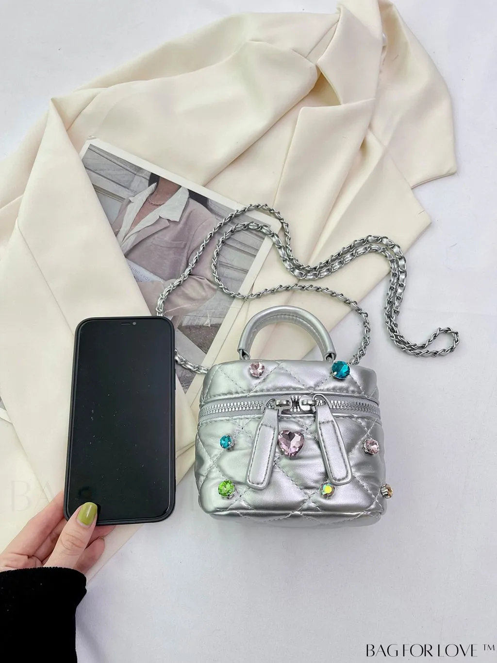 BagForLove - Mini Rhinestone Metallic Handbag with Avant-garde Style Stitching - Elegant and Chic