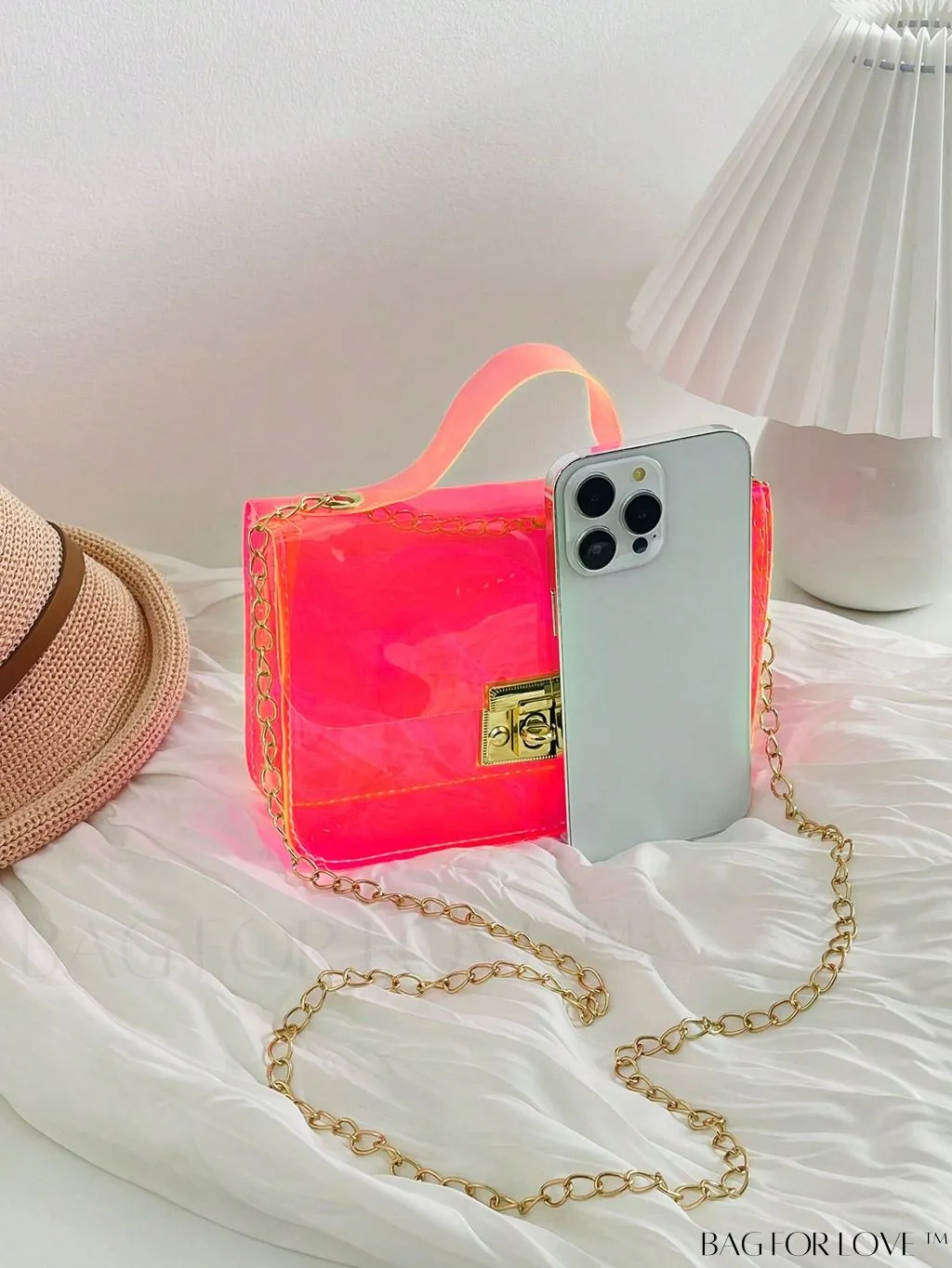BagForLove - Neon Pink Clear Mini Square Bag: Stylish Top Handle for a Funky Look