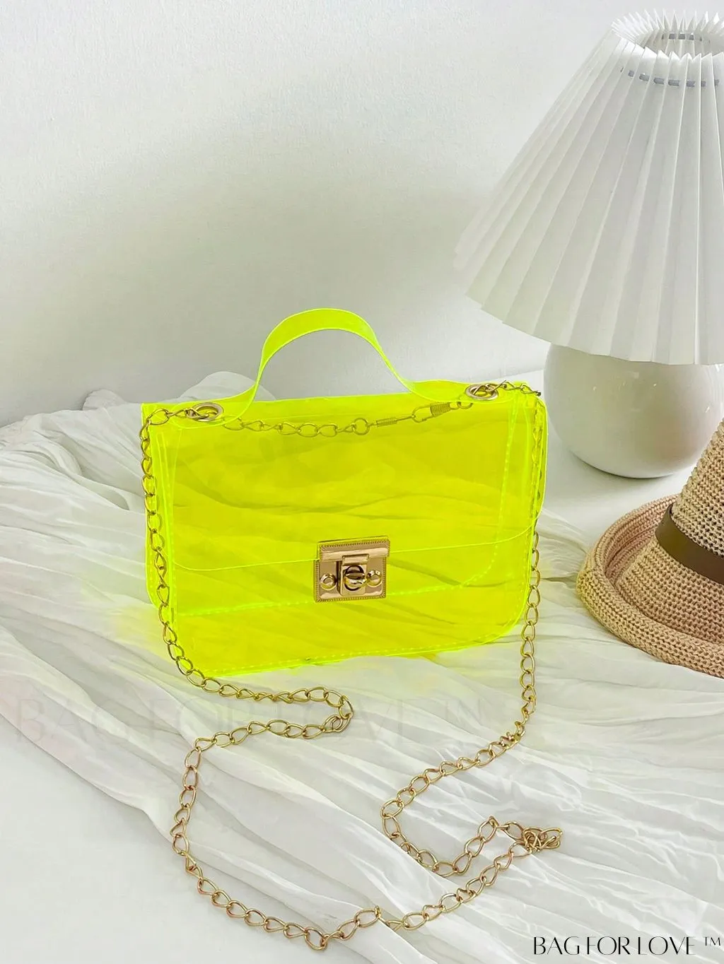 BagForLove - Neon Pink Clear Mini Square Bag: Stylish Top Handle for a Funky Look